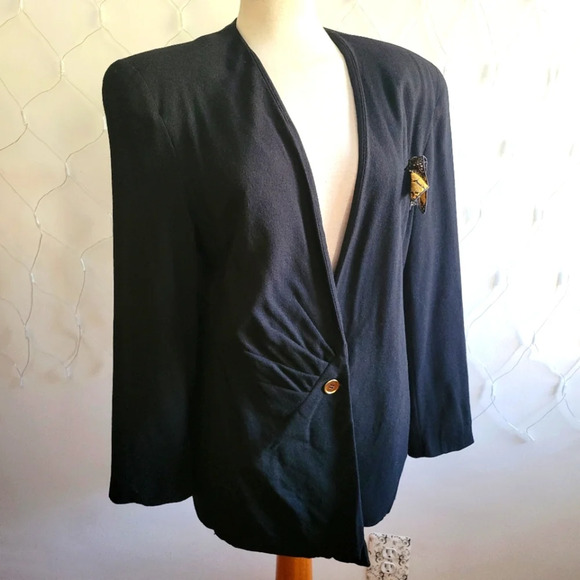 Vintage Oleg Cassini Wool Suit Jacket / Black / Oversized / Fits Medium - Picture 1 of 9